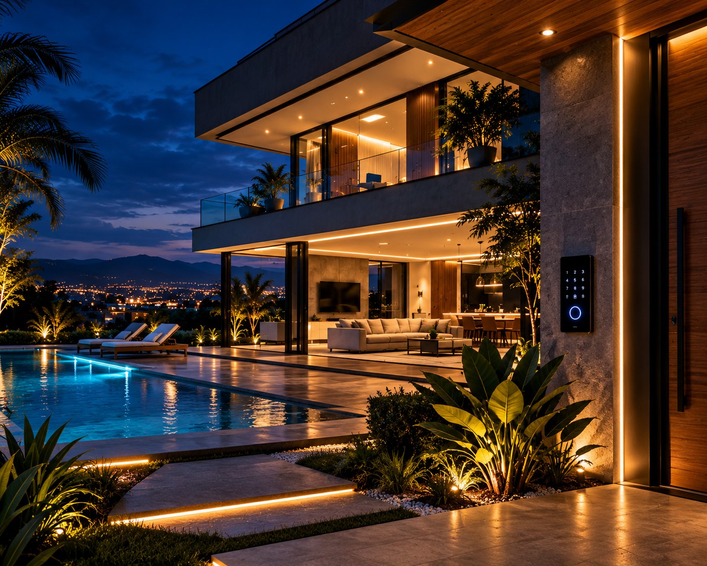 Residência inteligente com iluminação, climatização, segurança, áudio e conectividade integrados